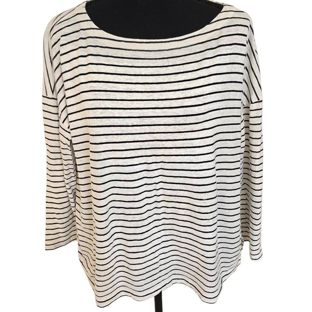 Eileen Fisher Womens Striped Cotton Slub Bateau Neck Top White Black Small